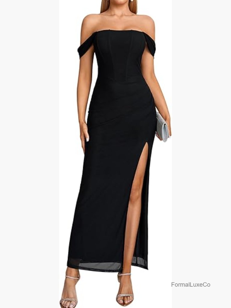 Off Shoulder Corset Maxi Dress Ruched Bodycon High Slit Mesh